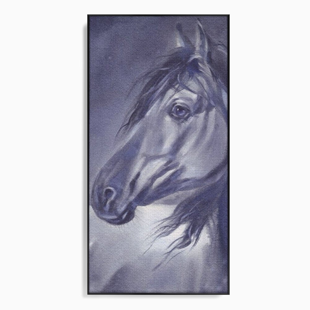 Tablou canvas cu tablou canvas cu portret de cal gri, in rama de aluminiu negru